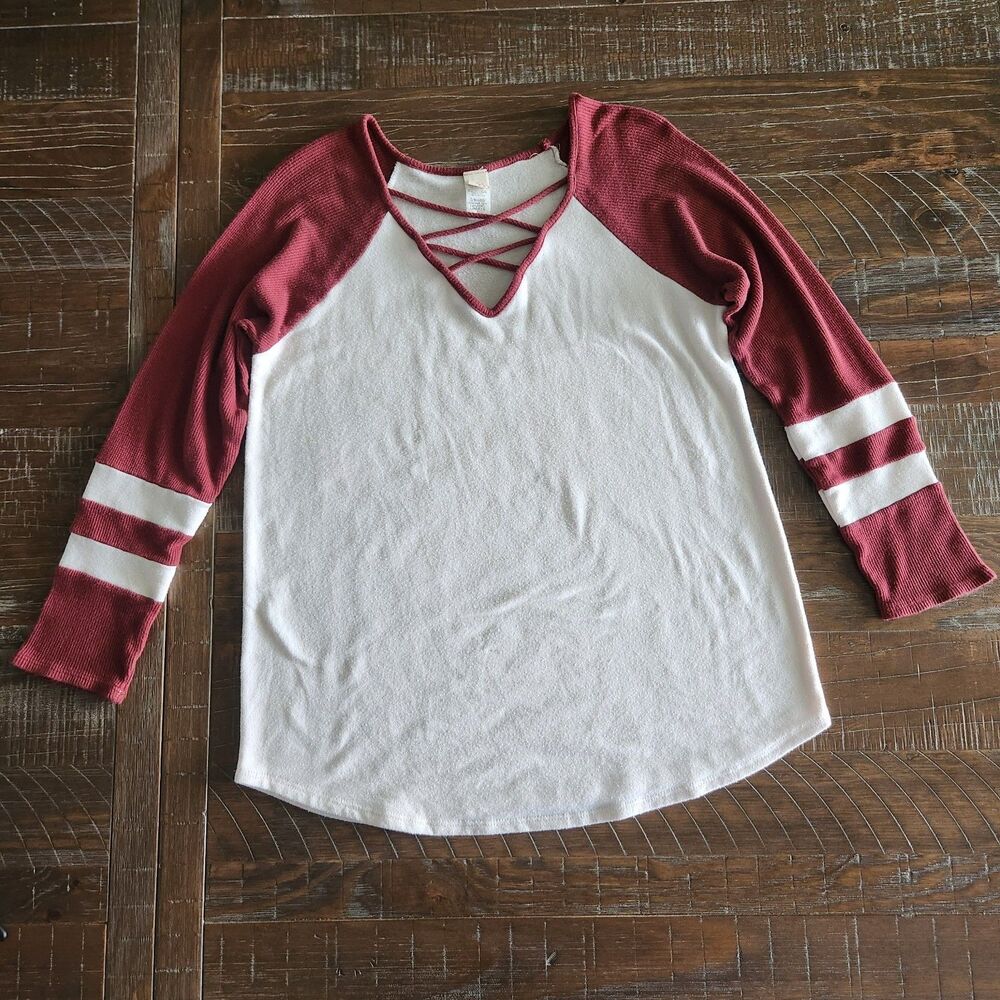 7th Ray Womens Large Thermal Lace Up Varsity Stripe Long Sleeve Top Burgundy